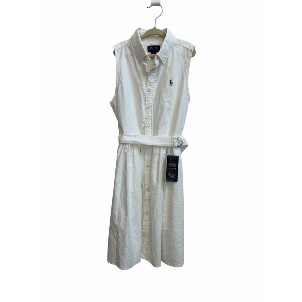 Ralph Lauren Girls Belted Cotton Oxford Shirtdress Sz 12 White Polo Dress NEW
